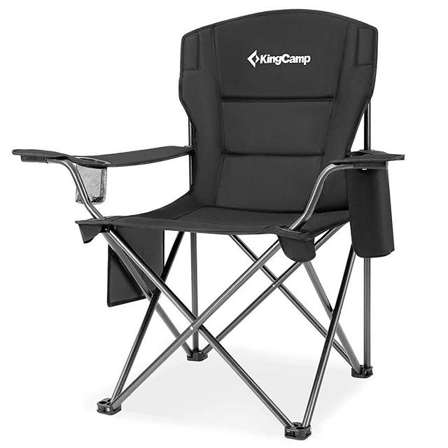 KingCamp Oversized Heavy Duty Outdoor Camping Folding Chair, Ultralight Collapsible Padded Arm Chair with Cooler, Cup Holder, Side Pocket, Supports 300 lbs, Black