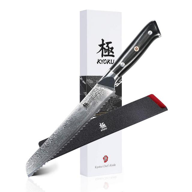 KYOKU Daimyo Series - Serrated Bread Knife 8 - Japanese VG10 Steel Core Forged Damascus Blade - with Sheath & Case