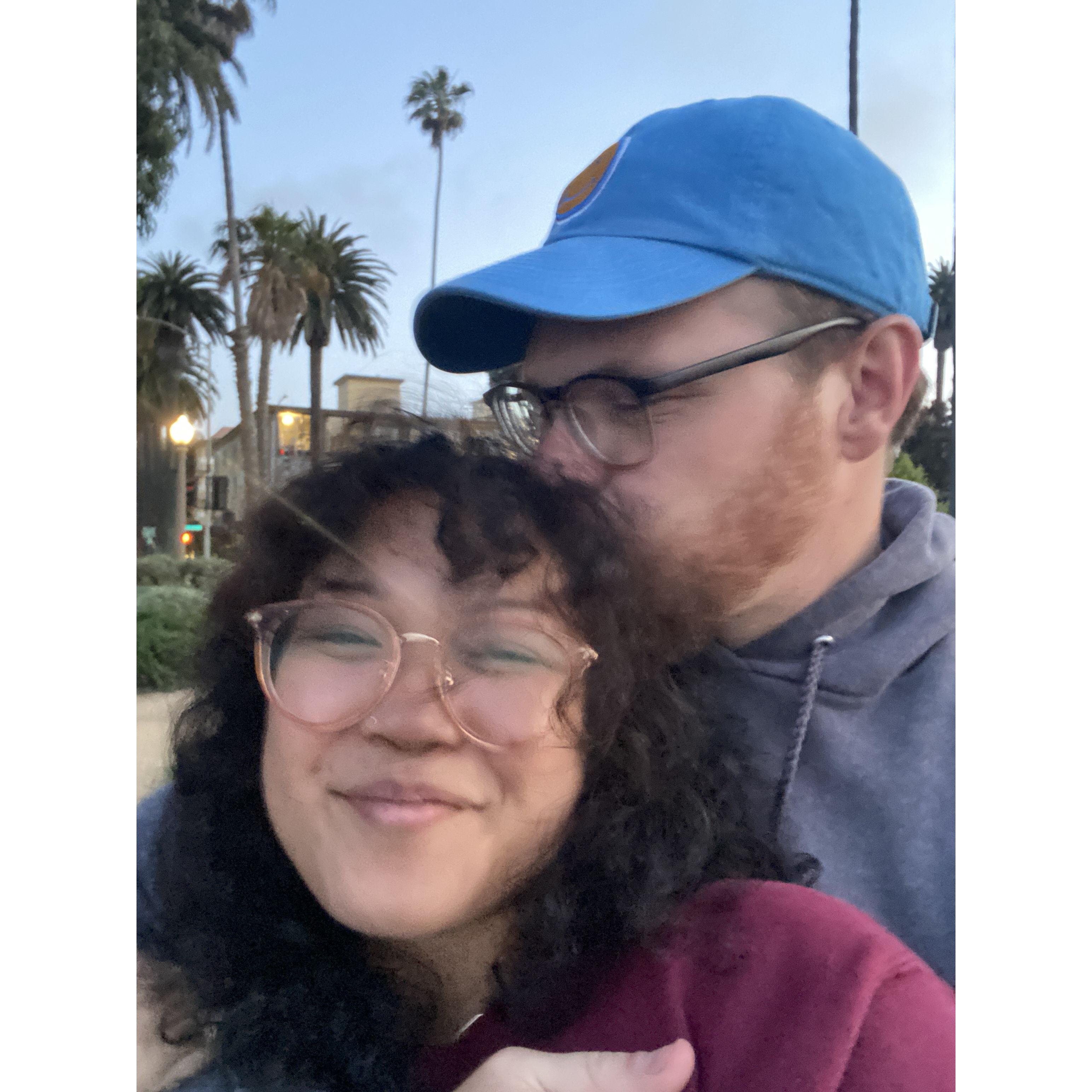 First date after the engagement! They started planning the wedding during a beachside picnic in Santa Monica, only blocks away from the church they'll get married at.