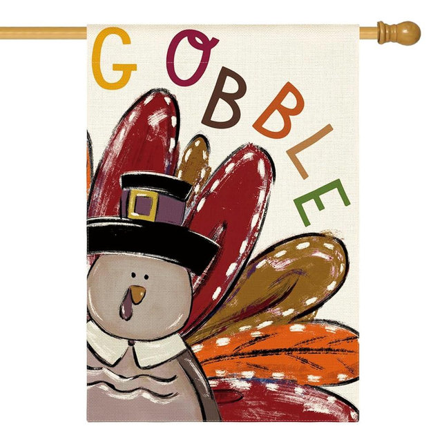 AVOIN colorlife Thanksgiving Turkey House Flag 28x40 Inch Double Sided, Gobble Harvest Holiday Yard Outdoor Decorative Flag