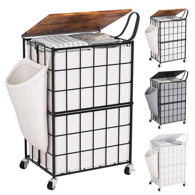 DXIGUSO 90L Laundry Basket with Wheels, Large Capacity Laundry Hamper with Removable Liner Bags, Heavy Duty Laundry Sorter with Solid Wood Lid & Leather Handles, Beige