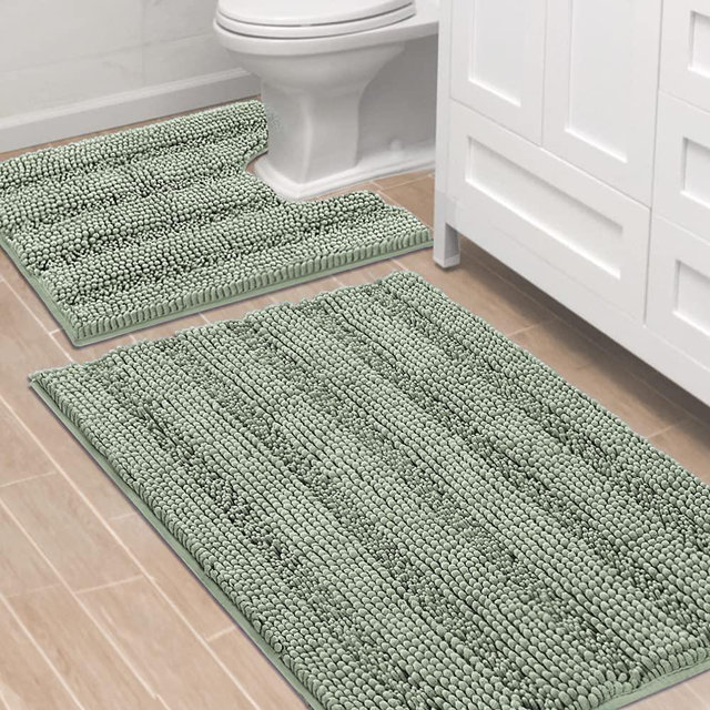 Bathroom Rugs Bath Rug Set 2 Piece Bathroom Contour Rug Toilet Mat Sets Non Slip Contour Bath Rug Set Ultra Thick Water Absorbent Striped Bath Mats Washable(36" x 24" Plus 20" x 24" U, Sage)