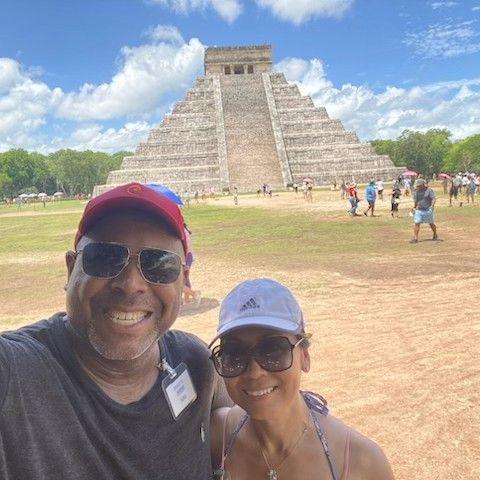 On our day to Chichen Itza, we set out under sunny skies to learn about the Mayan history, only to be caught in torrential rain hours later. Mike gave me his towel to keep me warm.