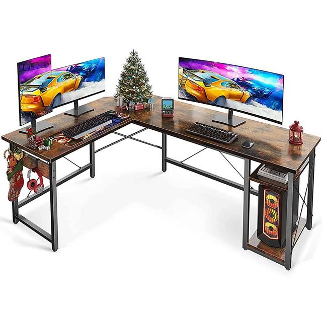 Coleshome L Shaped Computer Desk 66" with Storage Shelves, Corner Gaming Desk, Sturdy Writing Desk Workstation, Modern Wooden Desk Office Desk, Wood & Metal, Vintage
