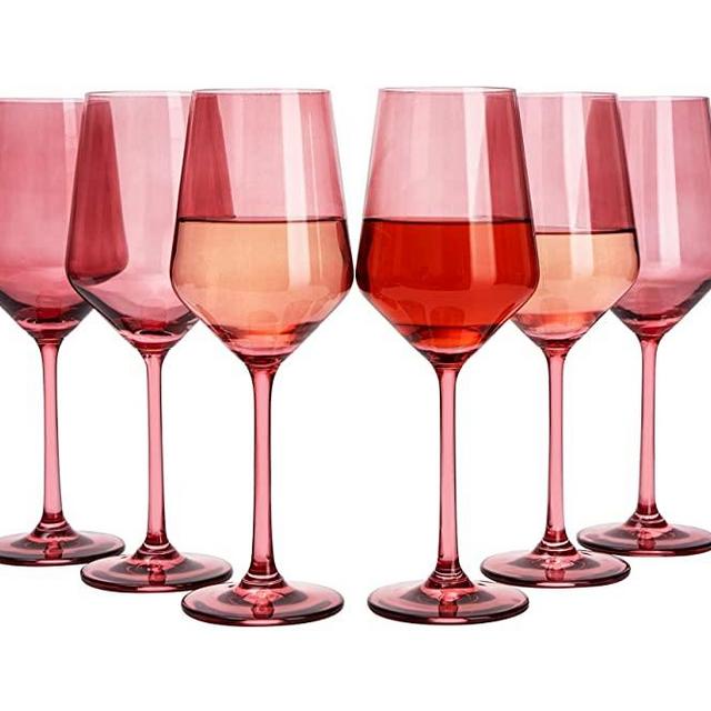 Set of 6 Colored Wine Glasses - 12 oz Hand Blown Italian Style Crystal Bordeaux Wine Glasses - Premium Stemmed Colored Glassware - Unique Drinking Glasses (6, Rose)