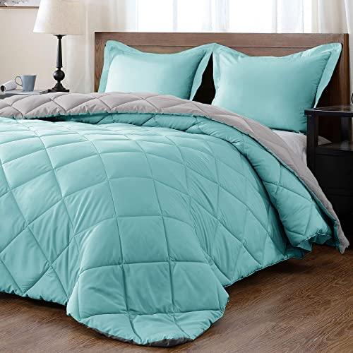 downluxe Lightweight Solid Comforter Set (King) with 2 Pillow Shams - 3-Piece Set - Light Blue and Gray - Down Alternative Reversible Comforter