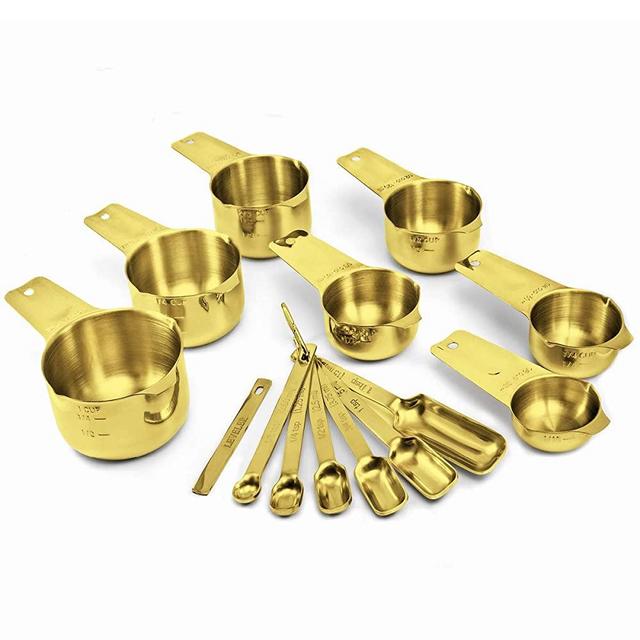 2lbDepot Gold Measuring Cups & Spoons Set of 14, Premium Stainless Steel Metal, 7 Accurate Measuring Cups, 6 Measuring Spoons +1 Leveler, Nesting, Dry & Liquid Ingredients for Kitchen Baking & Cooking