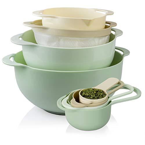 Cook With Color 8 Piece Nesting Bowls with Measuring Cups Colander and Sifter Set | Includes 2 Mixing Bowls, 1 Colander, 1 Sifter and 4 Measuring Cups, Mint Green