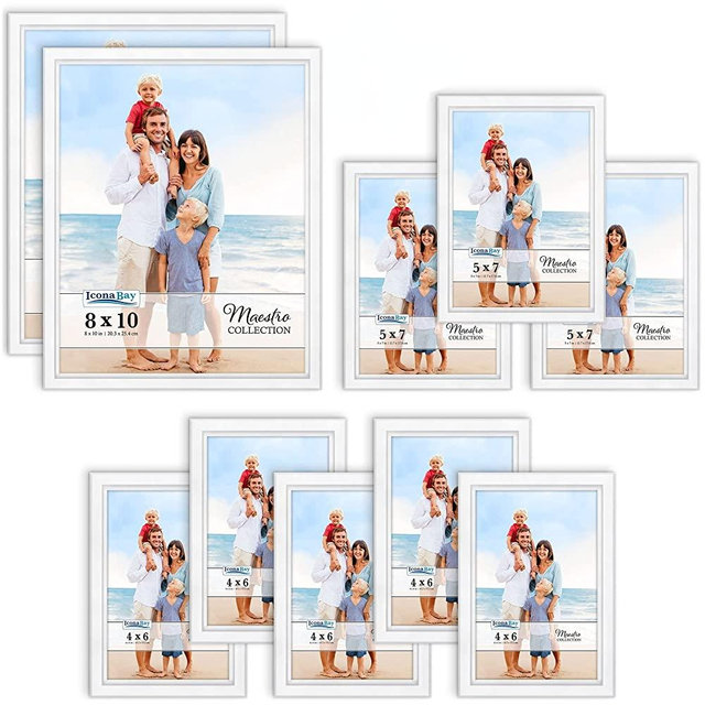 Icona Bay Combination White Picture Frames Set - 10 PC (Five 4x6, Three 5x7, Two 8x10), Classy Contemporary Style, Maestro Collection for Wall Gallery
