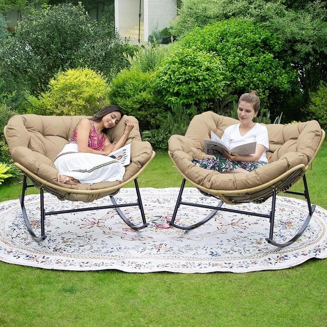 FINCATI Patio Rocking Chair Set of 2, Outdoor Indoor Oversized Papasan Rocking Chairs, Double Wicker Egg Shaped Rockers w/Metal Frame Padded Cushions, Comy Cozy Lounger for Reading Relaxing Lounging