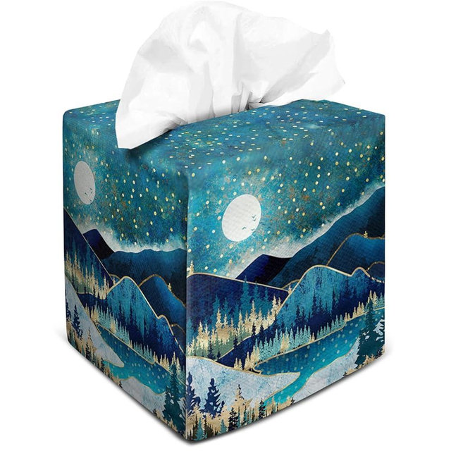 Tissue Box Cover Square Velvet Decorative Tissue Box Holder Cute Funny Cube Tissue Case Cover-Green Mountain Tissue Box Cover