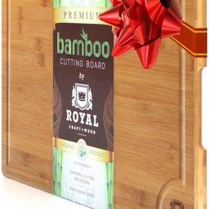 Organic Bamboo Cutting Board with Juice Groove - Best Kitchen Chopping Board for Meat (Butcher Block) Cheese and Vegetables | Anti Microbial Heavy Duty Serving Tray w/Handles (XL (18x12"))