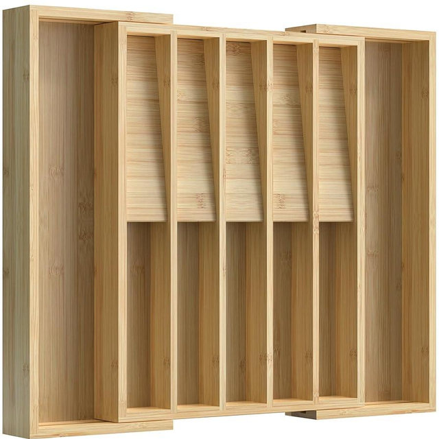 WELL WENG Expandable Silverware Organizer, Utensil Drawer Organizer & Cutlery Tray Dividers for Spoons Forks Knives (12 Slot,Natural Bamboo), 16.7”D x 13"-20”W x 1.97 “H