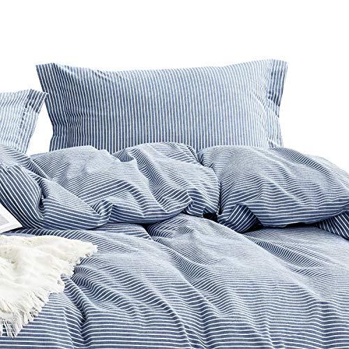 Wake In Cloud - Washed Cotton Duvet Cover Set, White Striped Ticking Pattern Printed on Navy Blue, 100% Cotton Bedding, with Zipper Closure (3pcs, King Size)