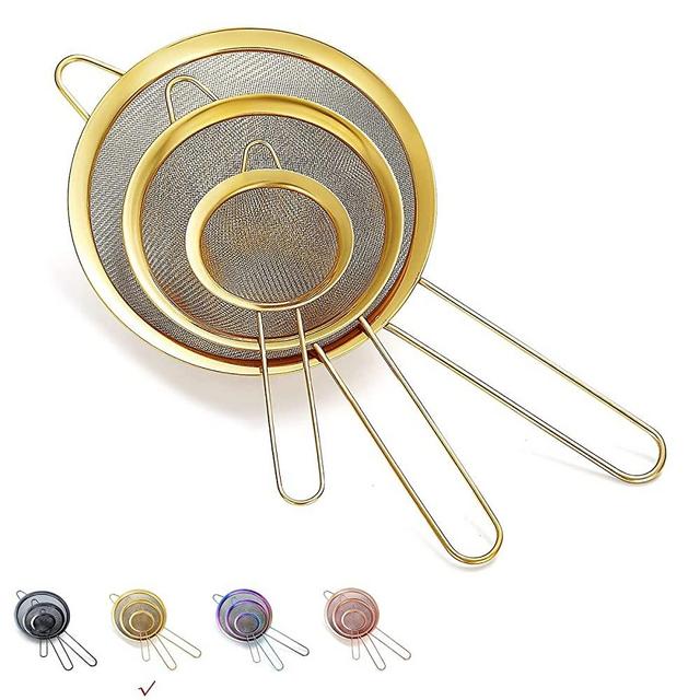 Gold Fine Mesh Strainer 3 Pieces Set, Golden Flour Sifter For Baking, Stainless Steel Clander, Gold Matcha Tea Strainer, Gravy Separator, Stasher Sieve Pasta Strainers