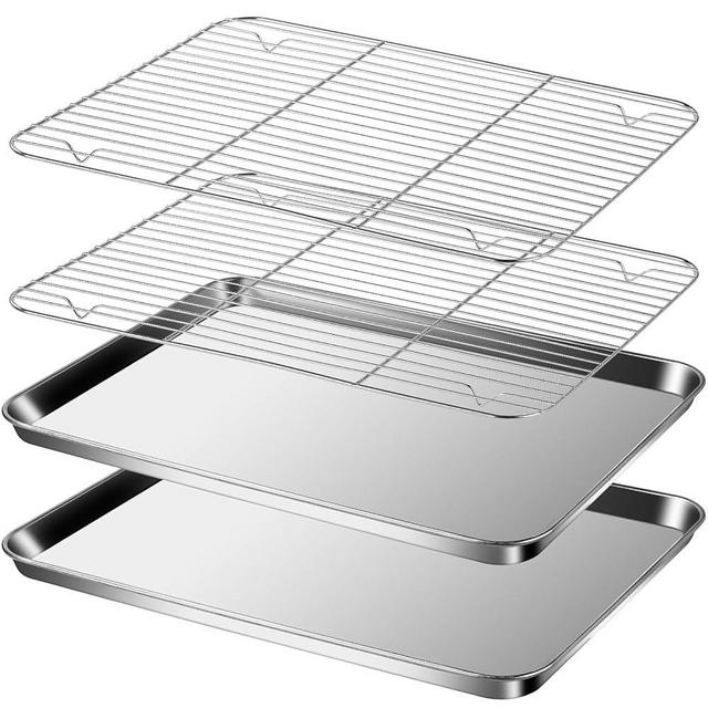 16” x 12” Stainless Steel Baking Pan & Raised Wire Rack – Pizza Crisper, Crispy Bacon, Multipurpose Cooking Sheet Pan, Cooling Rack, Kitchen Cookware Set, Dishwasher Safe （2 Baking Pan + 2 Racks）