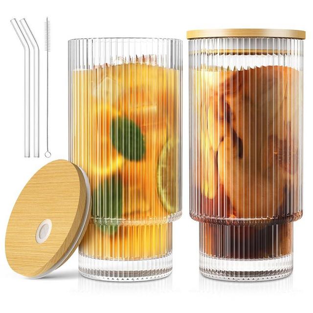 CWHHRN 16OZ Glass Cups with Lids and Straws, Vintage Ribbed Glassware for Whiskey Cocktail Beer, Iced Coffee Cups for Cute Gifts (2 PACK)