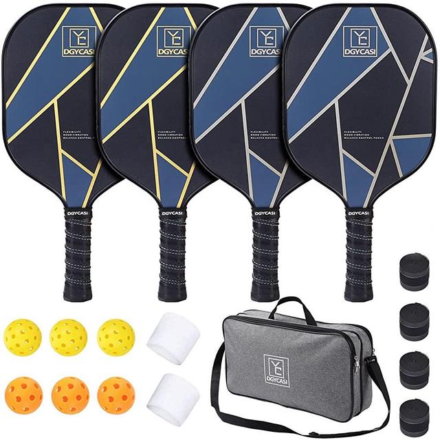 YC DGYCASI Pickleball Paddles Set of 4, Graphite Carbon Fiber Surface Honeycomb Core Pickleball Rackets Set Includes 4 Pickleball Paddle + 6 Balls + 4 Replacement Soft Grip + 2 Bracer + 1 Sling Bag