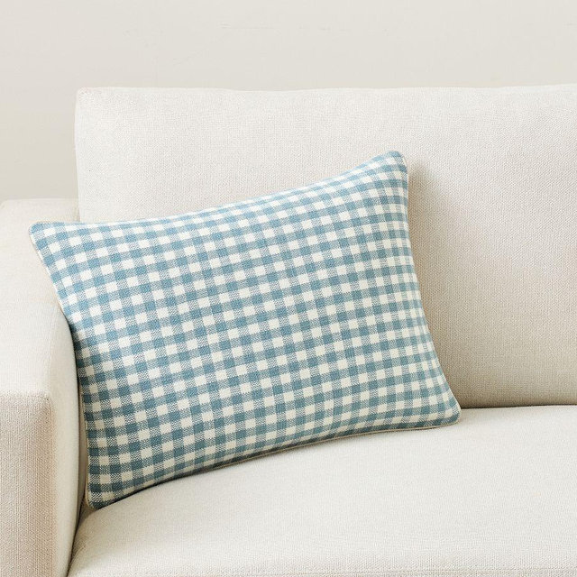 Blaine Check Lumbar Pillow Cover, Light Blue, 14" x 20"