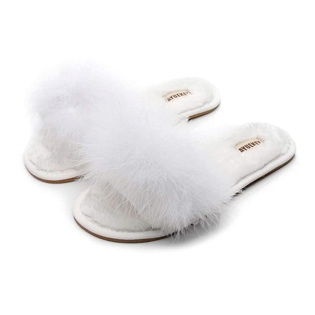 FAYUEKEY Fur Slippers for Women Summer Autumn Fluffy Furry Soft Plush Open Toe Slides Flats Shoes