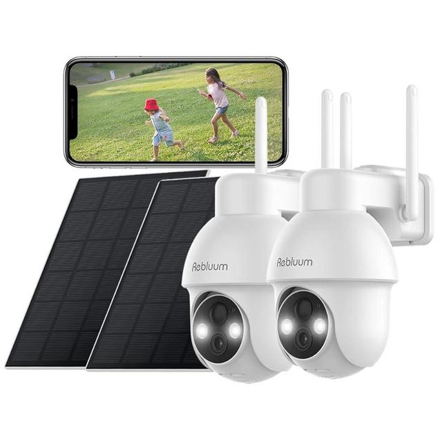 【2K】 Solar Powered Security Cameras Wireless Outdoor, 2 Pack, Pan Tilt 360°WiFi Camera with Color Night Vision/PIR Sensor/2-Way Audio/Alexa/Google Assistant