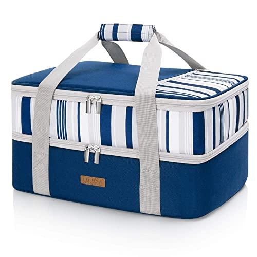 LUNCIA Double Decker Insulated Casserole Carrier for Hot or Cold Food, Lasagna Holder Tote for Potluck Parties/Picnic/Cookouts, Fits 9"x13" Baking Dish, Blue