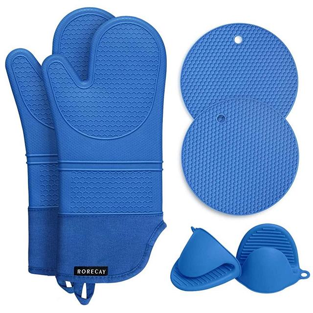 Rorecay Extra Long Oven Mitts and Pot Holders Sets: Heat Resistant Silicone Oven Mittens with Mini Oven Gloves and Hot Pads Potholders for Kitchen Baking Cooking, Quilted Liner, Pack of 6 (Lake Blue)