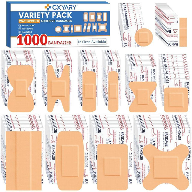 CXYARY 1000 Counts Assorted Bandages Bulk Variety Pack,12 Styles Flexible Heavy Duty Waterproof Bandages Individually Wrapped Used for Emergency Treatment and Skin Wound Care, Latex Free