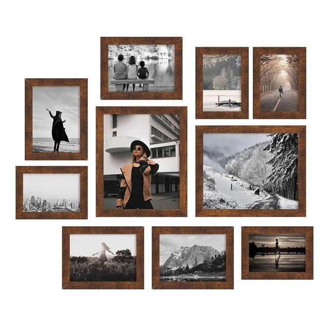 iRahmen Collage Picture Frames Set of 10, Wall Decor for Mounting or Tabletop Display, Family Photo Gallery Frame Set - Multi Sizes Including Two 8x10, Four 5x7, Four 4x6, HD Glass, Rustic Wood, Dark Brown