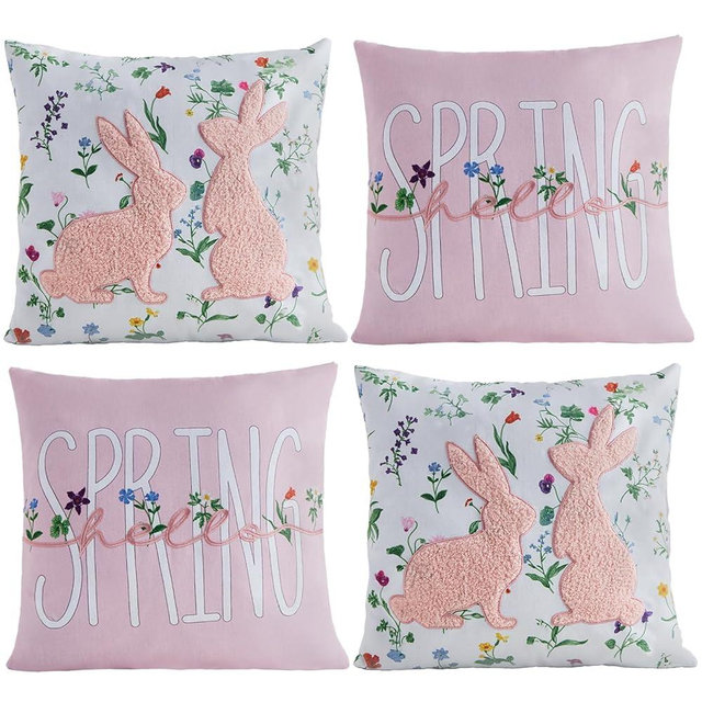 Easter Pillow Covers 18x18 Inch Set of 4, Spring & Bunny Pillowcase Sofa Throw Pillow Covers for Couch Bed, Decorative Pillow Covers for Living Room Spring Decor Farmhouse Bed Easter Decorations