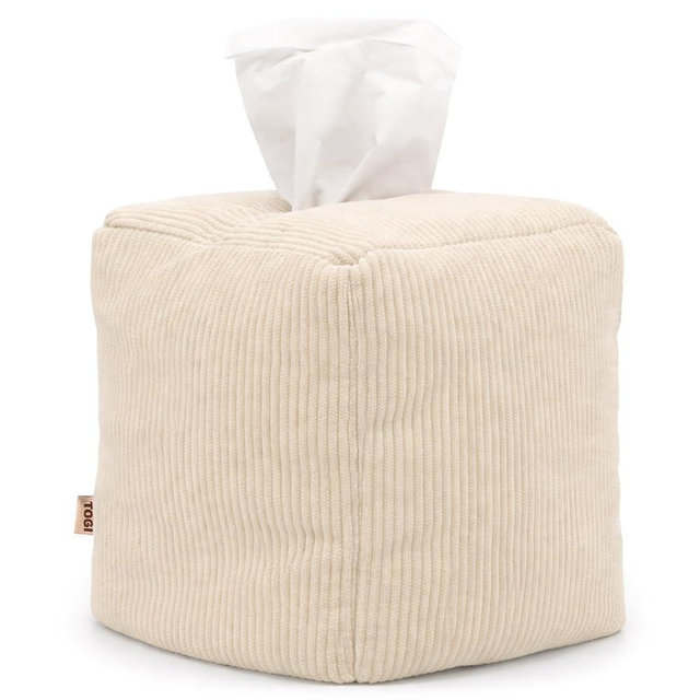 TOGI Corduroy Tissue Box Cover - Soft & Puffy Cube Design Adds a Warm, Cozy Touch - Soft Tissue Box Cover Square Fits Standard Square Boxes from Everyday Brands - Cozy Home & Office Decor (Cream)