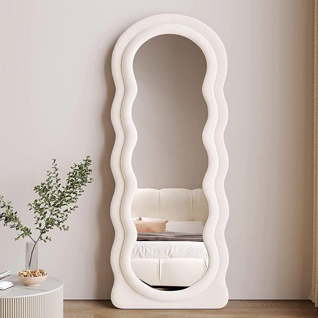 Honyee Full Length Mirror, 63" x 24" Floor Mirror, Flannel Wrapped Wooden Frame Wall Mirror, Irregular Wavy Mirror for Cloakroom/Bedroom/Living Room, Wave