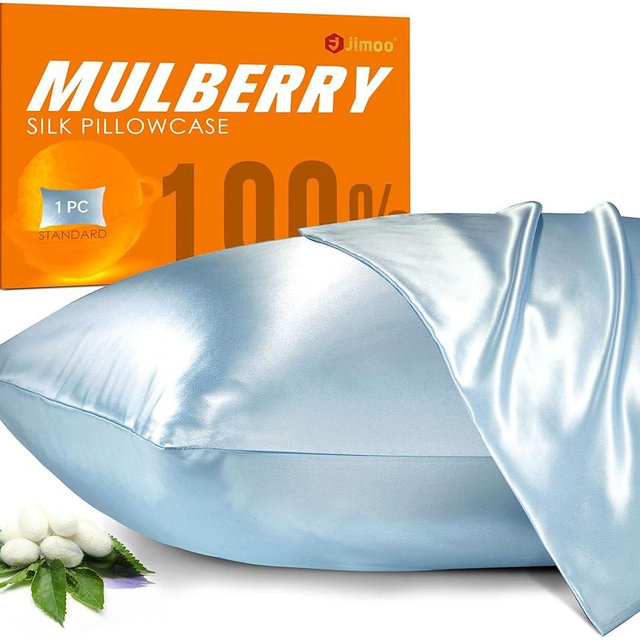 100% Mulberry Silk Pillowcase for Hair and Skin, 22 Momme Pure Natural Silk Pillow Case Both Sided with Zipper, Pillow Cover for Women Mom Men (Light Blue, Queen 20''×30'')