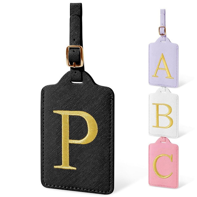 Initial Letter Luggage Tags for Suitcases, Personalized Embroidered Letter Luggage Bag Suitcase Identifier Name Tag, Cute PU Leather Travel Luggage Tags, Bag Tags for Luggage Handbags(Black P)