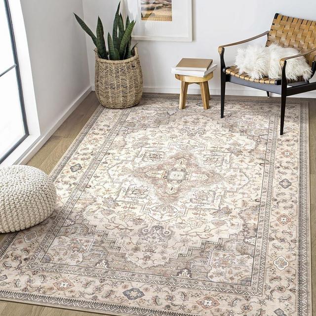 EIEIHOUSE Washable Area Rugs for Living Room - 6x9 Neutral Vintage Distressed Floral Farmhouse Boho Large Soft Floor Rug Indoor Non Slip Carpet for Living Room Bedroom Dining Room Office -Brown/Multi