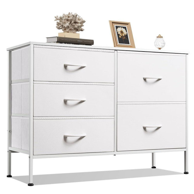 WLIVE Dresser for Bedroom with 5 Drawers, Wide Bedroom Dresser with Drawer Organizers, Chest of Drawers, Fabric Dresser for Living Room, Closet, Hallway, White