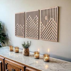 Wooden Wall Sculptures - Set of 3 - Home Decor (Oak, Medium - Mountain and Sun)