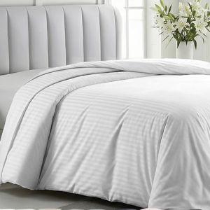 California Design Den Striped White Duvet Cover King Size Only - Premium 400 Thread Count, 100% Cotton Sateen, Button Closure & Corner Ties - White