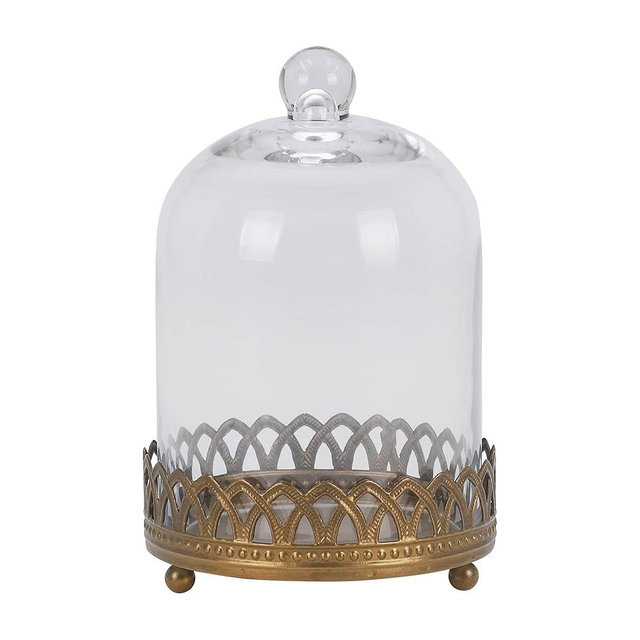 Twakutwku 8" Tall Large Sturdy Handmade Glass Cloche Dome with Metal Base in Gold for Plant, Terrarium, Collectibles, Candle. Cloche Glass Dome, Bell Jar Display Case (Metal Base, 8")