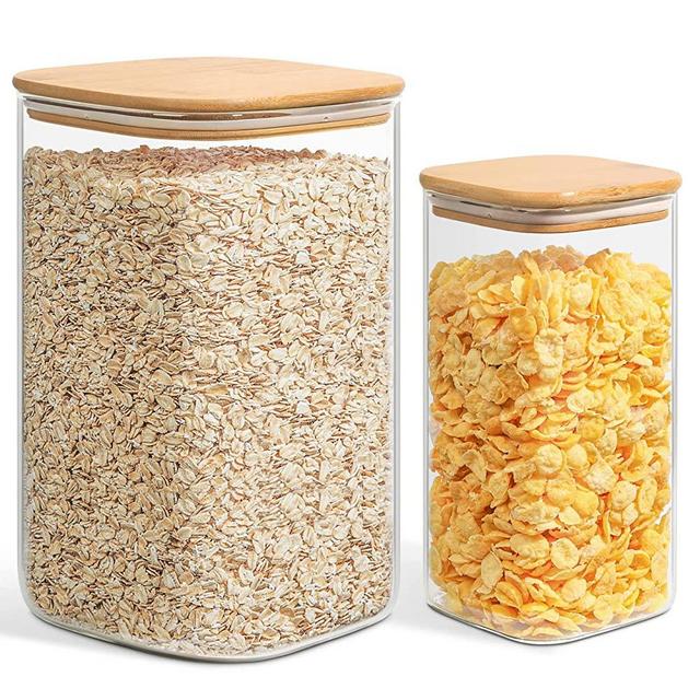 ComSaf Airtight Glass Storage Canister with Wood Lid (50oz), Clear Food Storage Container Jar with Sealing Bamboo Lid for Noodles Flour Cereal Rice