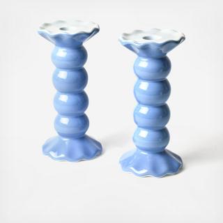 French Blue Medium Knobbed Candle Holder with Ruffle, Set of 2