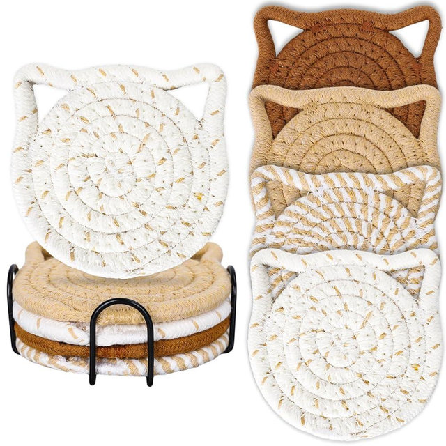 Whaline Cat Ear Coasters Set Brown White Handmade Braided Cotton Coasters Non-Slip Absorbent Drink Coasters with Holder for Table Protection Housewarming Gifts Home Decor, 4Pcs