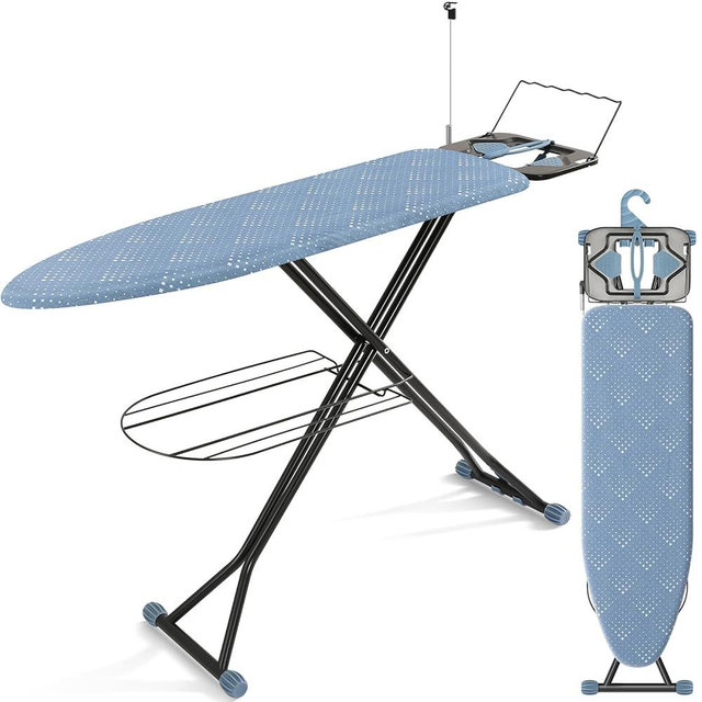 APEXCHASER Ironing Board, Compact Iron Board with Iron Rest and Hanger and Silicone Irons Harness, 7 Adjustable Heights & Extra Thick Cover, Folding Heavy Duty Ironing Board, Blue
