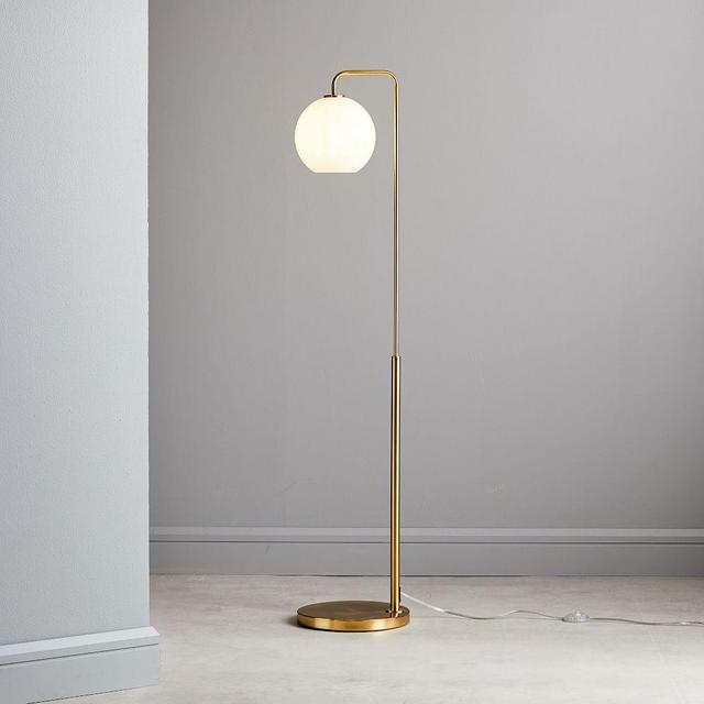 Sculptural Glass Globe Floor, Small Globe, Milk Shade, Brass Canopy