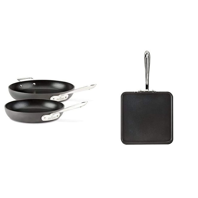All-Clad HA1 Hard Anodized Nonstick 2 Piece Fry Pan Set 10, 12 Inch Induction Pots and Pans, Cookware Black & HA1 Hard Anodized Nonstick Griddle 11 x 11 Inch Pots and Pans, Cookware Black