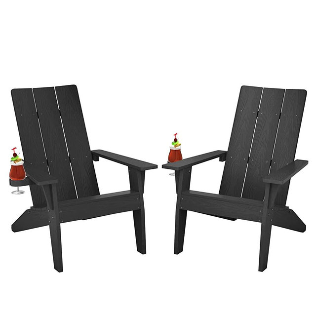 MXIMU Modern Adirondack Chairs Set of 2 Weather Resistant with Cup Holder Oversize Plastic Fire Pit Chairs Adorondic Plastic Outdoor Chairs for Firepit Area Seating (Black)