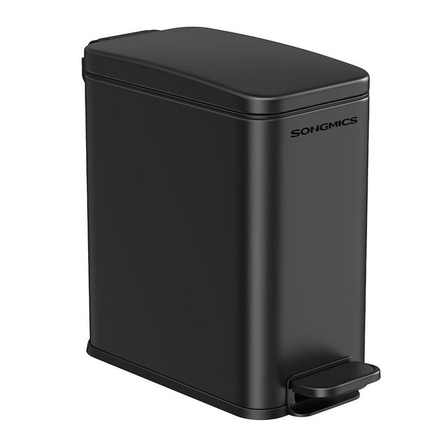 SONGMICS Bathroom Trash Can, 2.6 Gallon (10 L) Small Trash Bin with Lid, Slim for Small Spaces, Stainless Steel Garbage Can, Soft Close, Black ULTB561B10