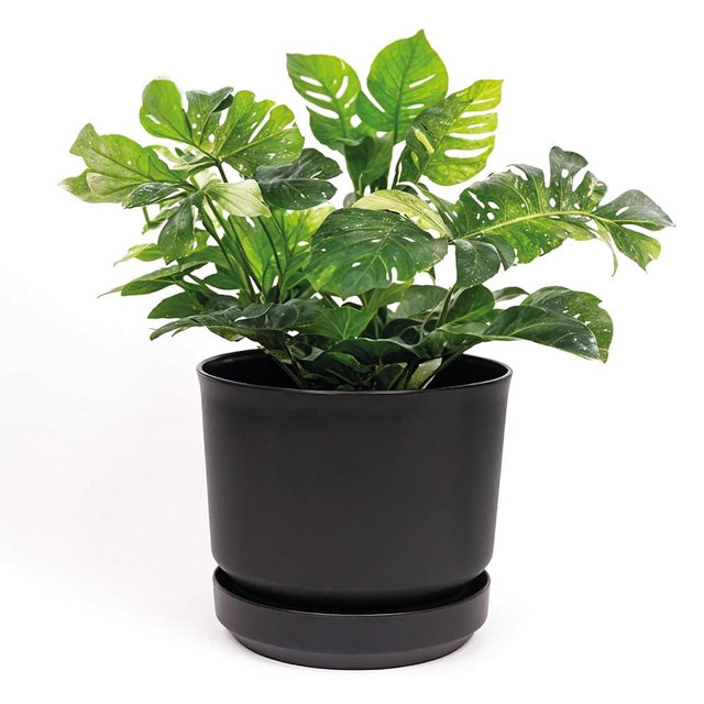 Elly Décor 14 inch Plastic Cylinder Planter Pot with Self-Watering Saucer and Drainage Hole,Lightweight & Extremely Durable, 14"x 14", Black