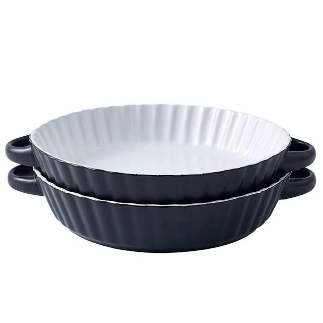 Bruntmor Set Of 2 Modern Ceramic Pie Pan, 9.5 Inch Tart Pan - Round Pie Plate Baking Dish with Ribbed Edges, W/ Side handles, Black