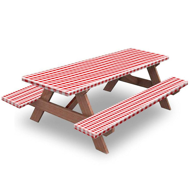 KENOBEE 8ft Picnic Table and Bench Cover, Camping Essentials RV Gear, 96 in Waterproof Windproof Outdoor Elastic All Around Tablecloth, Fitted Rectangle Tables and Seats, Red-White Checkered